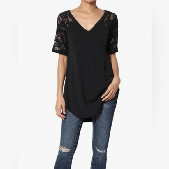 Zenana Signature Black Lace Luxe Rayon Short Sleeve Tunic Tee V-neck Size M - Picture 1 of 9